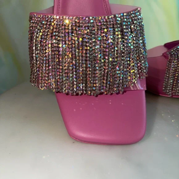 Cult Gaia Elegant Pink Heeled Mules with Rhinestone Fringe - Picture 8 of 9